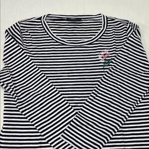 J. Crew x Abigail Borg-Black & White Striped 3/4 Sleeve Top with Floral Detail